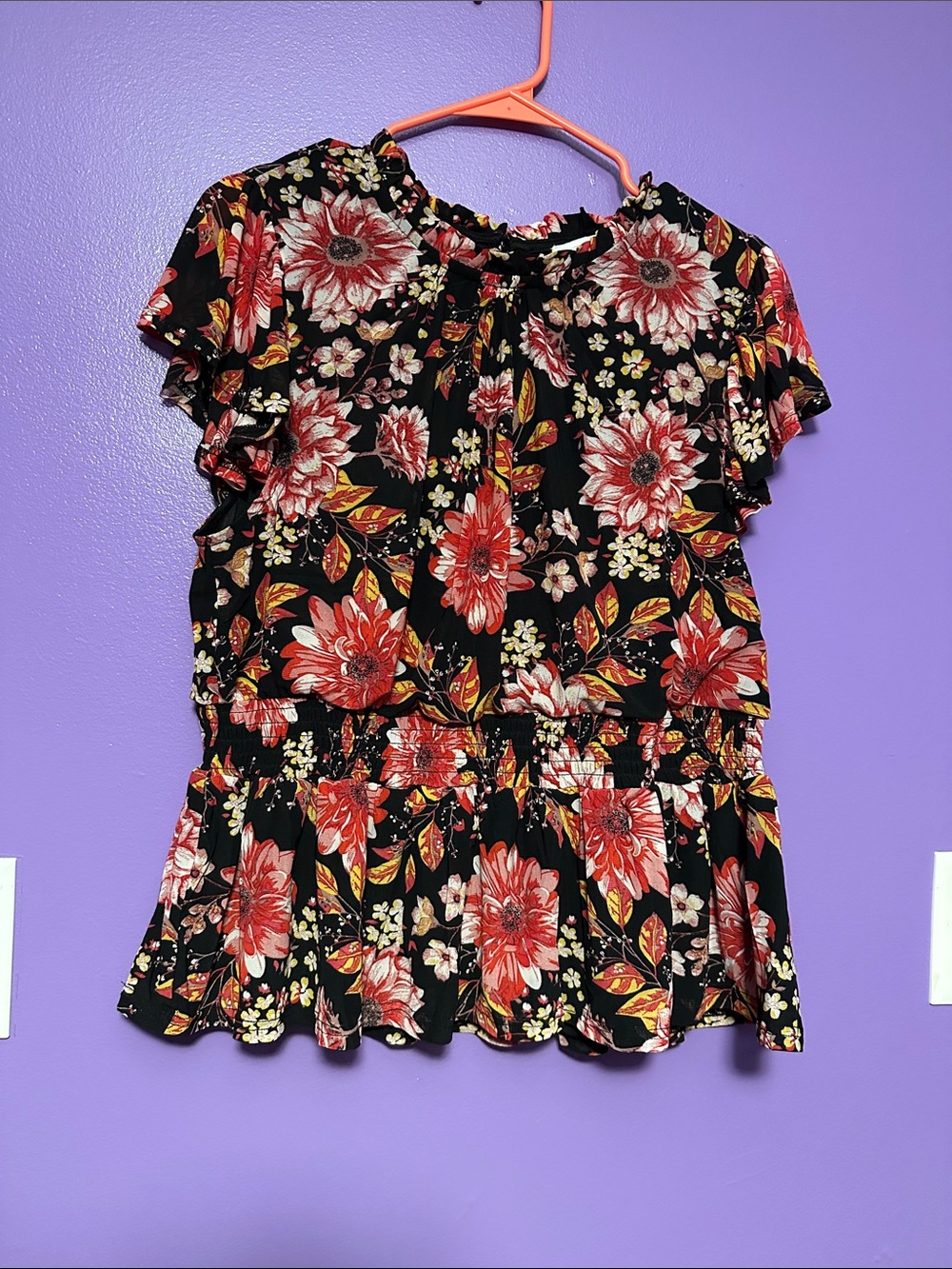 Black Floral Ruffle Waist Peplum Blouse with Red Bloom Print pink